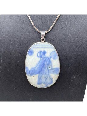 Vintage Italian Sterling Silver Necklace China Fragment Piece Blue Porcelain Ova